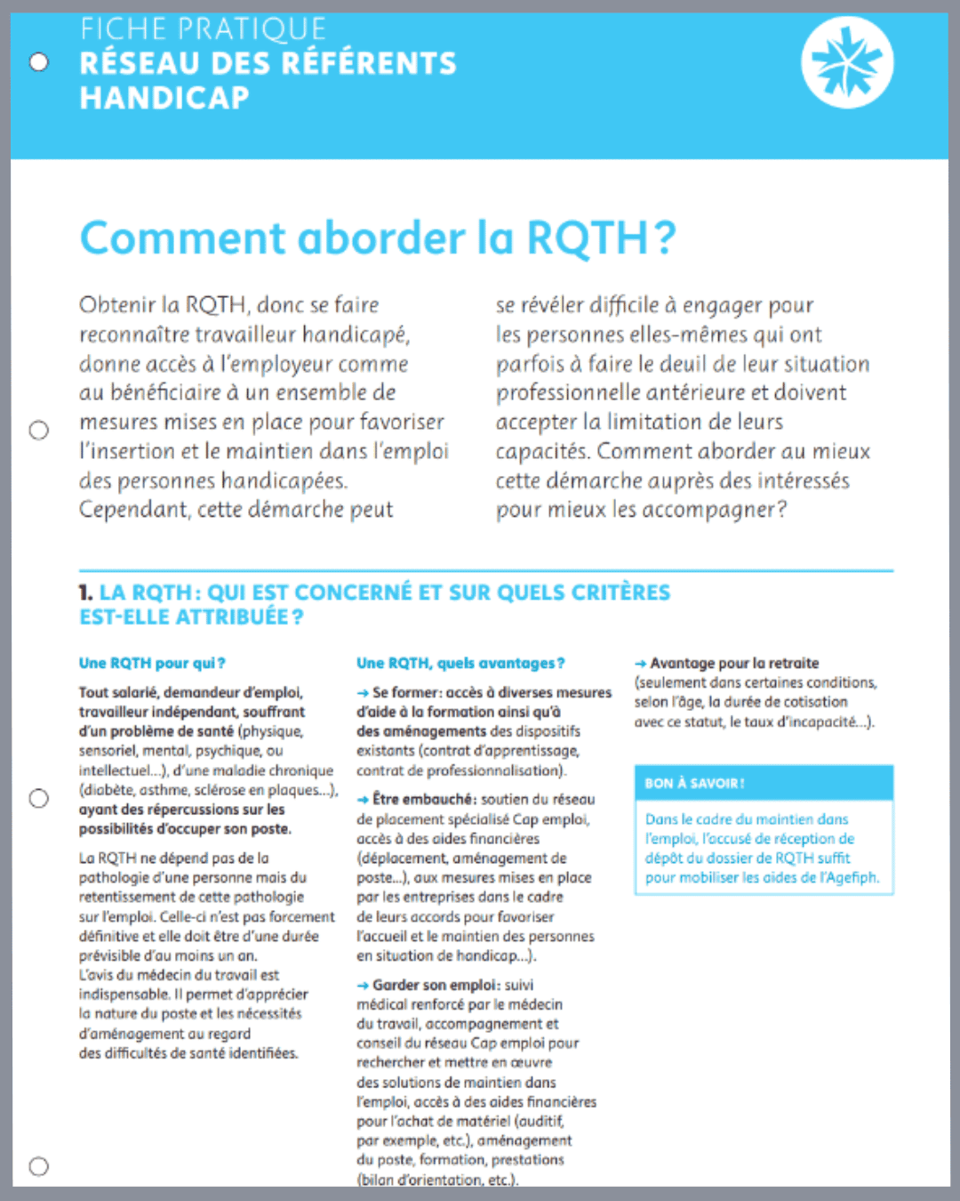 Comment aborder la RQTH - Fiche pratique Référents Handicap - Agefiph - 2021