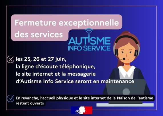Illustration d'une opératrice téléphonique souriant devant son ordinateur et un message annonçant la fermeture exceptionnelle des services d'Autisme Info Service
