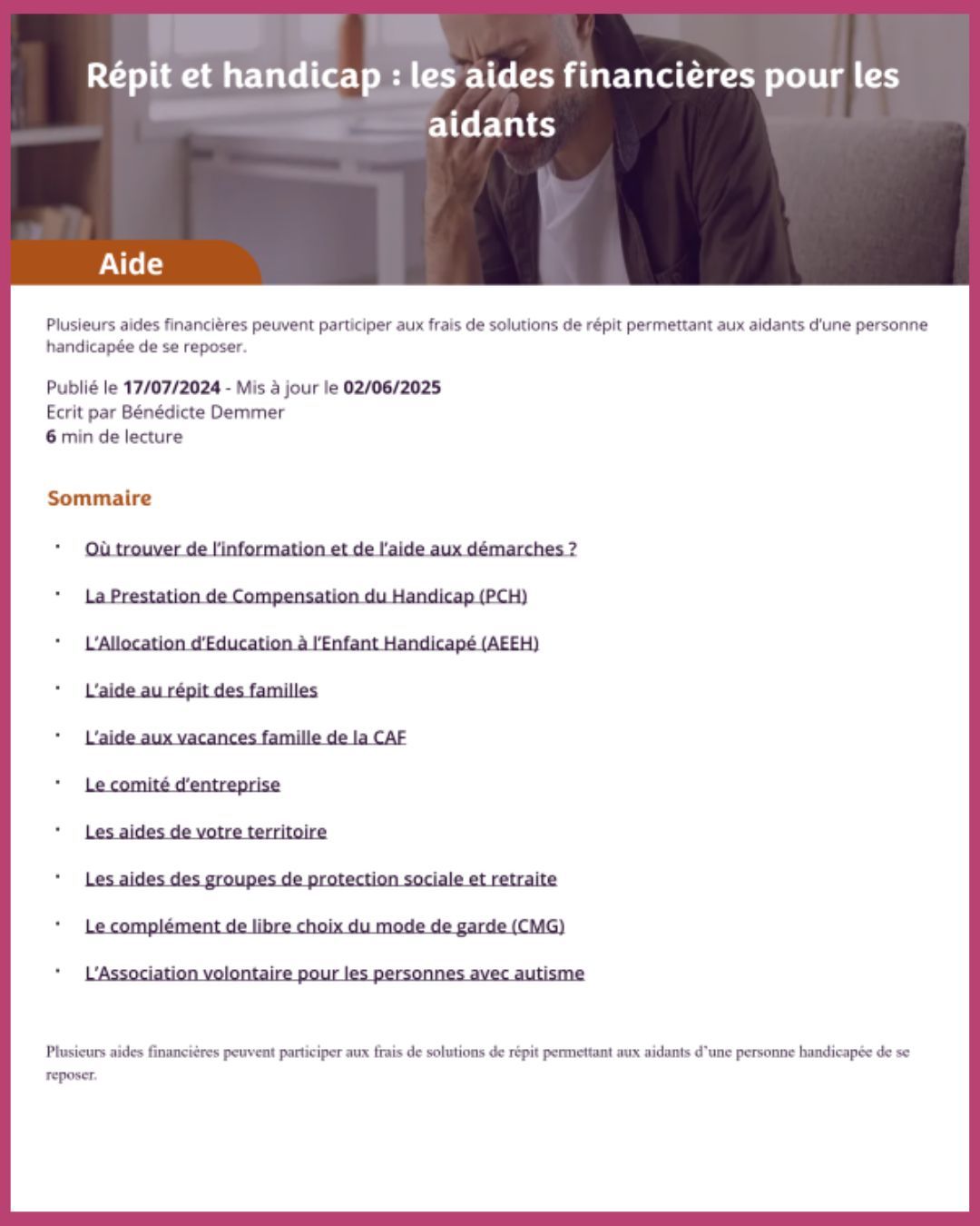 Aides financières répit proche aidant