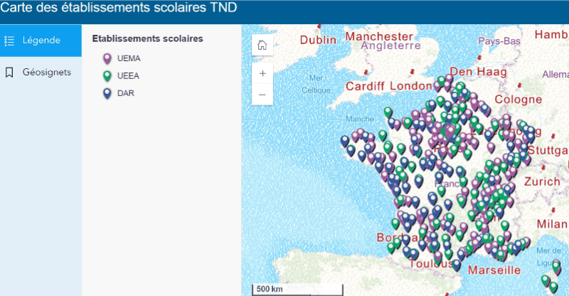 Cartographie des écoles ordinaires qui ont une classe (maternelle, élémentaire, collège) pour des élèves autistes