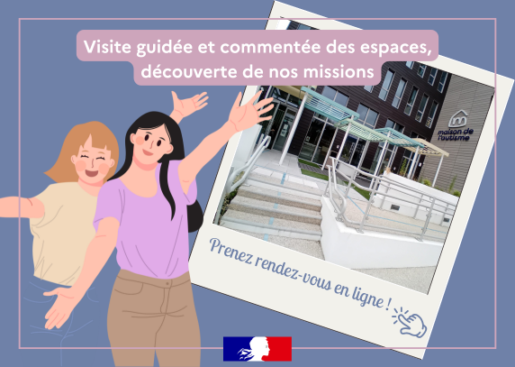 Illustration de deux femmes souriantes ouvrant les bras en signe de bienvenue devant une photo de la façade de la Maison de l'autisme