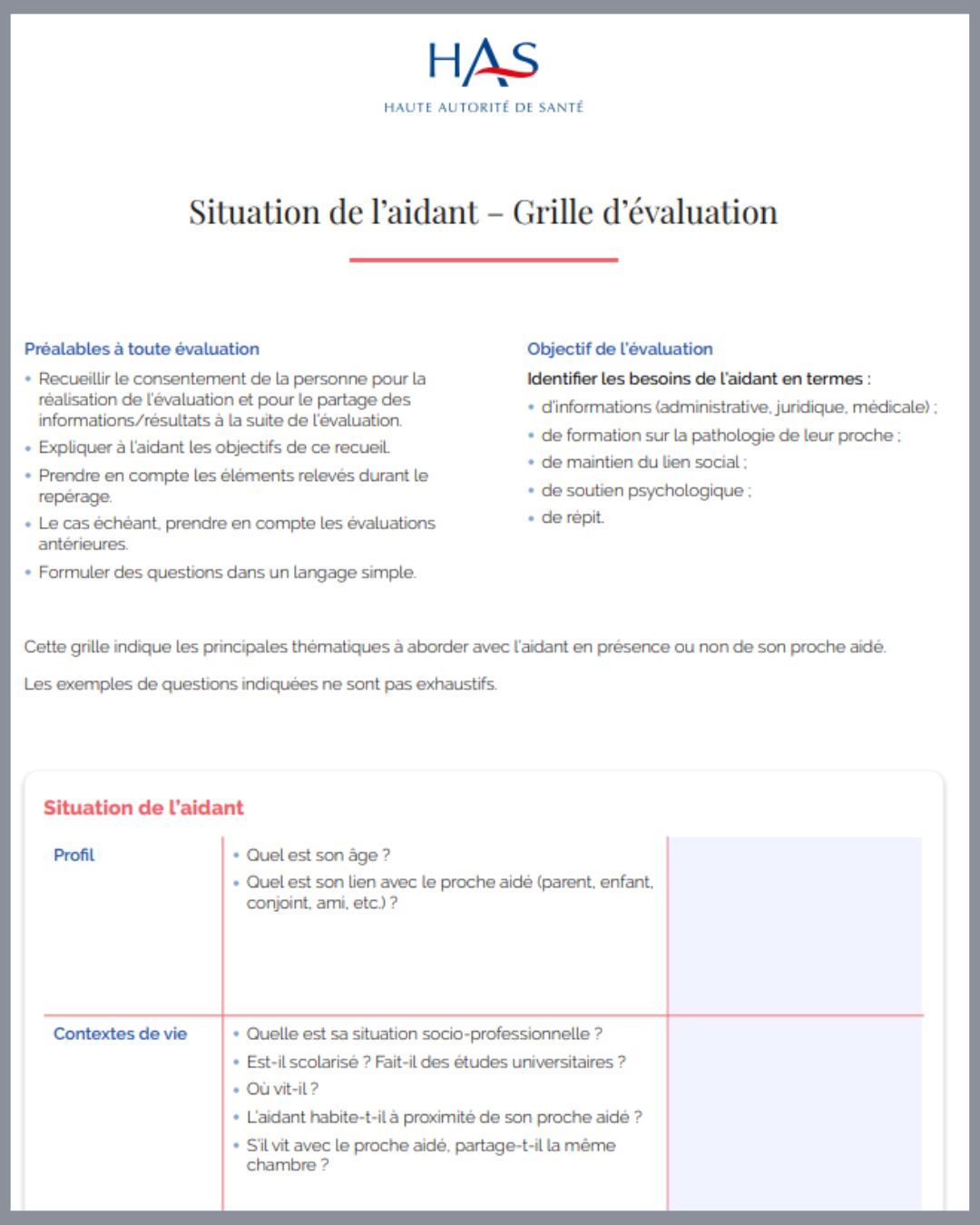 Grille évaluation besoin de répit aidants HAS