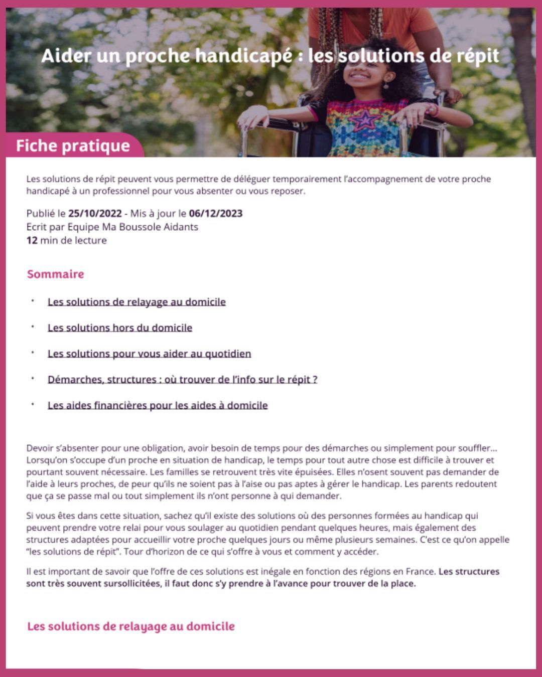 Solutions de répit Ma boussole aidants