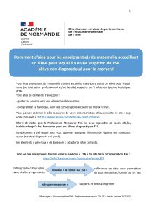 Page de titre du Document d’aide pour les enseignant(e)s de maternelle accueillant
un élève pour lequel il y a une suspicion de TSA 